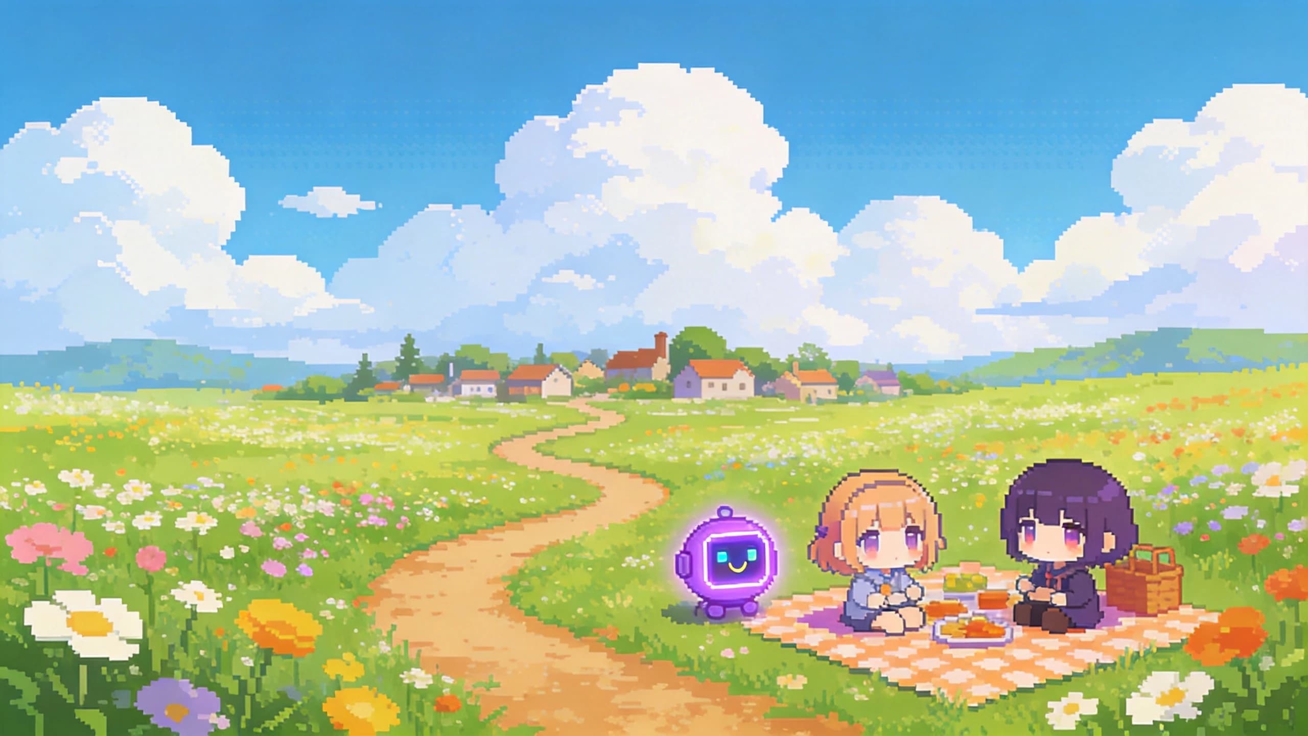 Pixel-art meadow where Nurmonic characters have a picnic