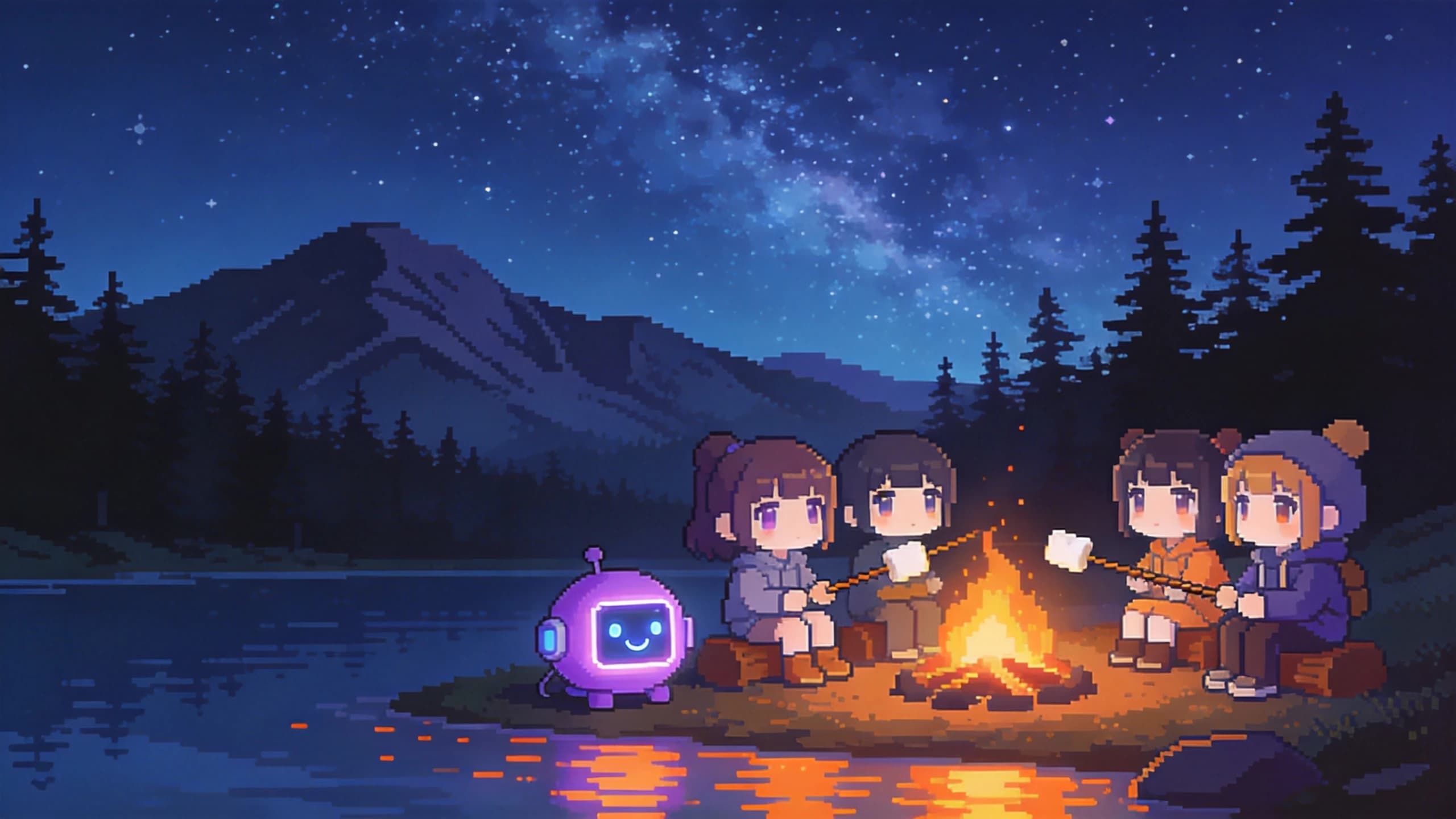 Pixel-art campfire night scene with Nurmonic characters